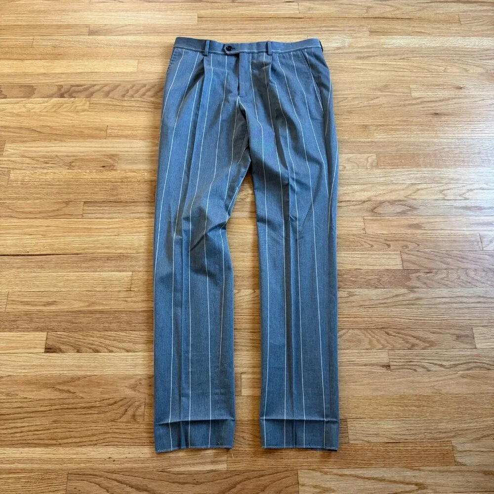 Brunello Cucinelli Pleated Chalk Stripe Wool & Cotton Trousers Size 36/36 - Picture 1 of 13
